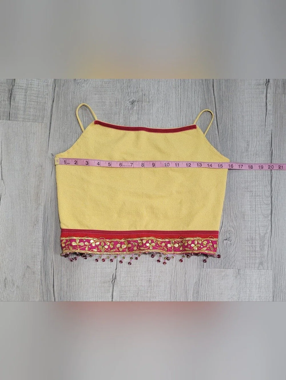 Vintage 90s Y2K Cache Yellow Beaded Fringe Open Back Cami Crop Top Large - Picture 9 of 13